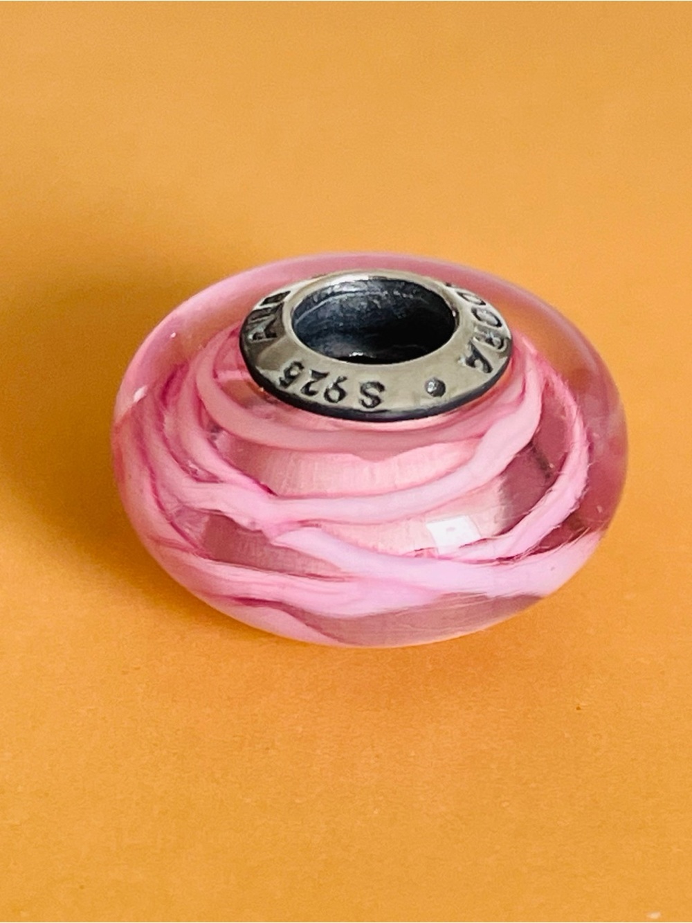 Sterling Silver 925 Pink Swirl Glass Charm Bead